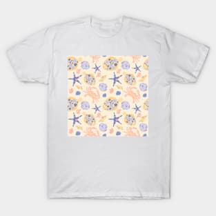 Floral nautical sea creature pattern, flounder, crab, starfish, shells, coral cream background T-Shirt